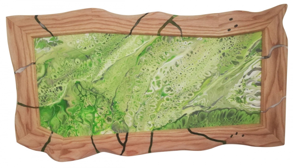 Acrylic Pouring mit Rahmen aus Holz und Epoxidharz Acrylic Pouring und Epoxidharz Composing